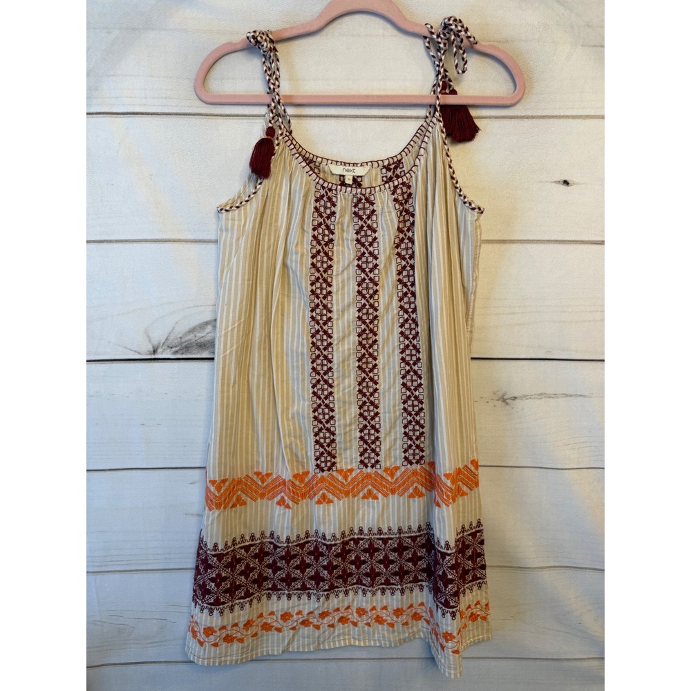 Next Embroidered Cotton Tassel Tie Strap Boho Shift Dress Tan Burgundy Orange 12